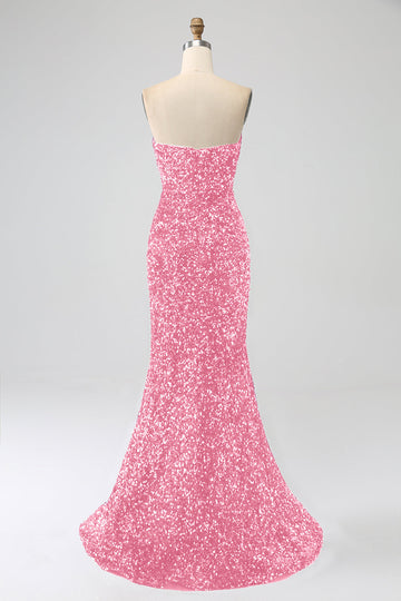Rosa sirena senza spalline paillettes abito lungo da ballo con fessura